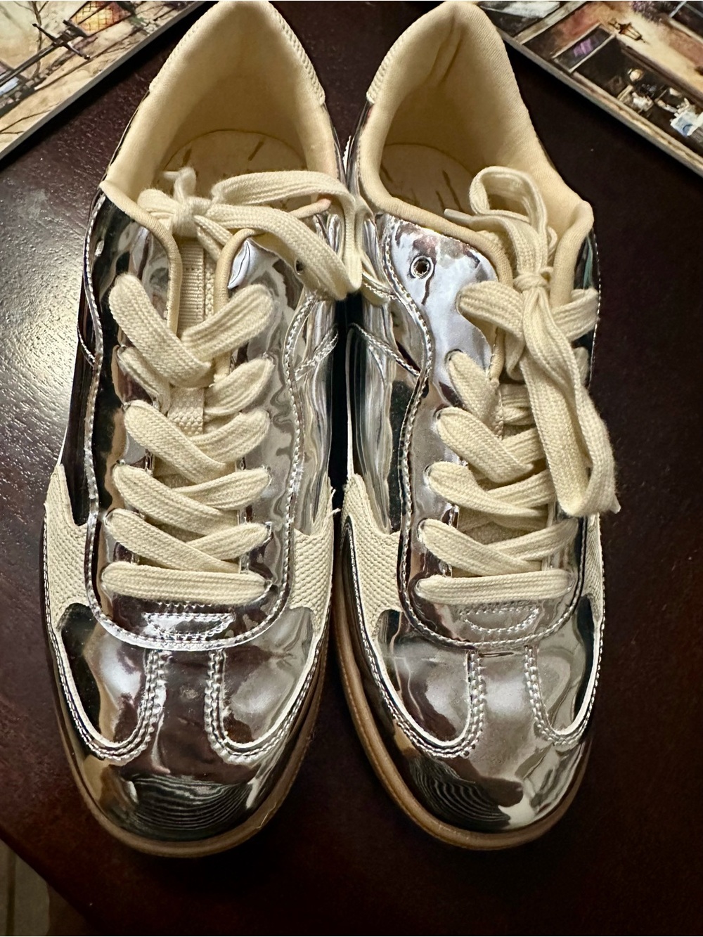 Metallic Silver Low-Top Women's Sneakers with Cream Laces